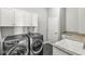 Well-equipped laundry room featuring modern Electrolux washer and dryer, storage cabinets, and a granite countertop sink at 720 S Rangeline Rd # 703, Carmel, IN 46032