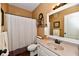 Traditional bathroom featuring a shower-tub combination, a stylish vanity, and warm, inviting color palette at 9640 Clover Leaf Ln, Fishers, IN 46038