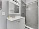 Well-lit bathroom featuring modern fixtures, a tiled walk-in shower, and a sleek vanity at 1210 S State Ave, Indianapolis, IN 46203