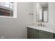Half bath with a green vanity, bronze fixtures, and a modern mirror at 1668 Carrollton Rail Dr, Westfield, IN 46074