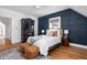 Bedroom featuring wood floors, a blue accent wall, and a comfortable queen bed with brown leather ottomans at 4310 Central Ave, Indianapolis, IN 46205