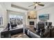 Bright living room with stone fireplace, flat-screen TV, and sliding glass doors to the patio at 5955 Stroup Dr, Noblesville, IN 46062