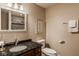 Half bathroom featuring a granite countertop, decorative mirror, and tiled shower stall at 6640 E Deerfield Dr, Zionsville, IN 46077