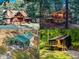 Rustic cabin exterior featuring a cozy front porch surrounded by lush greenery at 7116 Grandview Rd, Columbus, IN 47201