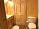 A cozy bathroom featuring wood paneling, a toilet, and a classic vanity with storage at 9615 N County Road 150 E Rd, Pittsboro, IN 46167