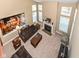 Aerial view of living room showcasing high ceilings, fireplace, and natural light at 14034 Wicklow Ln, Fishers, IN 46040