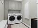 Well-organized laundry room featuring gray cabinets, front-load washer and dryer, and neutral-toned rug at 1471 N Delaware St, Indianapolis, IN 46202