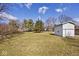 This backyard offers a spacious lawn, a large shed and mature trees at 244 Corottoman Ct, Avon, IN 46123