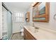 This bathroom features a glass-enclosed shower, oak vanity, and ample counter space at 244 Corottoman Ct, Avon, IN 46123