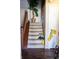 View of carpeted staircase with wooden banister and potted tree near the top step at 2449 Chaseway Ne Ct # Blk B, Indianapolis, IN 46268