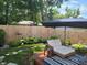 Serene backyard with lush garden, wooden deck, and comfortable lounge seating, ideal for relaxation and outdoor enjoyment at 2615 Kessler Blvd E Dr, Indianapolis, IN 46220