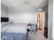 Carpeted bedroom with vaulted ceiling, neutral walls, and two beds plus easy hall access at 3791 Harveys Path, Greenwood, IN 46143
