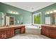 Bright bathroom with double vanity, soaking tub under window, and green painted walls at 681 Greenford N Trl, Carmel, IN 46032
