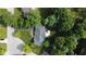 An aerial view of a home showcasing its roof, expansive backyard, patio, and mature trees at 7971 Clearwater Ct, Indianapolis, IN 46256