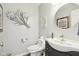 Powder room with modern vanity, round mirror, toilet, and gray paint at 14936 Newport Dr, Westfield, IN 46074