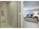 View from glass enclosed shower towards a bedroom featuring neutral walls and carpet at 6778 Old Hunt Club Rd, Zionsville, IN 46077