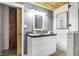 Contemporary bathroom features a modern vanity, shiplap walls, and walk-in shower at 1111 Fletcher Ave, Indianapolis, IN 46203