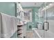 Charming bathroom with white vanity, glass shower, and blue accents at 140 E 44Th St, Indianapolis, IN 46205