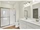 Bright bathroom features a double sink vanity, shower, and white color palette at 1615 Clover Crossing Dr # 2A, Greenfield, IN 46140