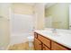 Clean bathroom with a shower-tub combination, a single sink vanity, and tile flooring at 3509 Heathcliff Ct, Westfield, IN 46074