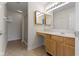 Well-lit main bathroom with a vanity featuring double mirrored medicine cabinets and walk-in shower at 4062 S Meadow Wood Ct, New Palestine, IN 46163