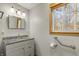Well-lit bathroom featuring a vanity with granite countertop, modern fixtures, and accessibility grab bars at 8172 S Shoreview Dr, Trafalgar, IN 46181