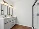 Modern bathroom with double sink vanity, black hardware, and glass shower at 4844 N 700 W, McCordsville, IN 46055