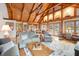 Cozy living room with wood-paneled vaulted ceilings and a large patterned rug at , Columbus, IN 47201