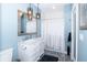 Well-lit bathroom features blue walls, a white vanity, decorative mirror and black and white tile flooring at 1014 Jackson St, Columbus, IN 47201