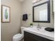 Half bath featuring a modern vanity with a white sink, sleek black faucet and a decorative plant at 12512 Geist Cove Dr, Indianapolis, IN 46236