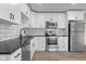 Modern kitchen featuring white cabinets, subway tile backsplash, stainless steel appliances, and wood-look flooring at 1319 Brookside Dr, Columbus, IN 47201