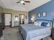 Comfortable main bedroom featuring a spacious layout, a blue accent wall, and modern decor at 553 Farnham Dr, Westfield, IN 46074