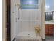 A full shower with a clear glass door and a bench, next to a cabinet with double sinks at 553 Farnham Dr, Westfield, IN 46074
