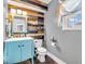 Charming bathroom featuring a blue vanity, wood accent wall, and modern fixtures at 6620 Avalon Blvd, Avon, IN 46123