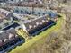 Detailed aerial view of colorful townhouses, showcasing architectural uniformity and landscaping at 1074 Reserve Way, Indianapolis, IN 46220