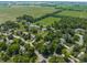 Aerial view of a quiet neighborhood nestled among green fields and mature trees at 1409 S Harmony Trl, Greenfield, IN 46140