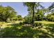 View of the expansive backyard showing the lush lawn, trees, and manicured landscaping at 1409 S Harmony Trl, Greenfield, IN 46140