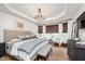 Serene main bedroom suite with a tray ceiling, large windows, a plush bed, and elegant decor for ultimate relaxation at 15104 Midland Ln, Noblesville, IN 46062
