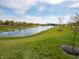 Scenic community pond featuring a fountain, landscaped shoreline, and mature trees at 2254 Oakmont Dr, Plainfield, IN 46168