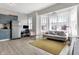 Inviting living space featuring a bay window, grey sofa, kitchen with blue cabinets, and yellow area rug at 230 E 9Th St # Apt 405, Indianapolis, IN 46204