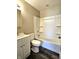 Clean bathroom with a shower-tub combination and a single sink vanity at 702 Eberhart Dr, Shelbyville, IN 46176