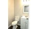Powder room includes toilet, vanity, mirror, and updated fixtures at 702 Eberhart Dr, Shelbyville, IN 46176