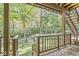 This covered patio offers a tranquil escape with views of the lush, wooded backyard and surrounding nature at 8425 N Halyard N Way, Indianapolis, IN 46236