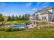 Lush backyard features a beautiful pool, outdoor dining area, and ample green space, perfect for entertaining at 995 Westlake Hills Dr, Columbus, IN 47201