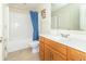 Standard bathroom with a vanity, toilet, and shower/tub combo with a blue curtain at 1115 Morningside Ct, Greenfield, IN 46140