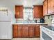 This kitchen shows wood cabinets, double-bowl stainless steel sink, and white appliances at 1229 N German Church Rd, Indianapolis, IN 46229