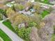 Drone shot displaying a blue home with a private backyard pool, nestled among trees and a vibrant green lawn at 1250 W 141St St, Carmel, IN 46032