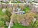 Aerial shot showcasing a large blue home with a private backyard pool, surrounded by mature trees and green landscaping at 1250 W 141St St, Carmel, IN 46032
