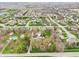 Overhead view of neighborhood homes nestled amongst verdant landscaping, featuring a blue house with a private backyard pool at 1250 W 141St St, Carmel, IN 46032
