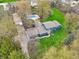Overhead view highlighting a blue house with a private swimming pool, set amidst lush greenery and mature trees at 1250 W 141St St, Carmel, IN 46032